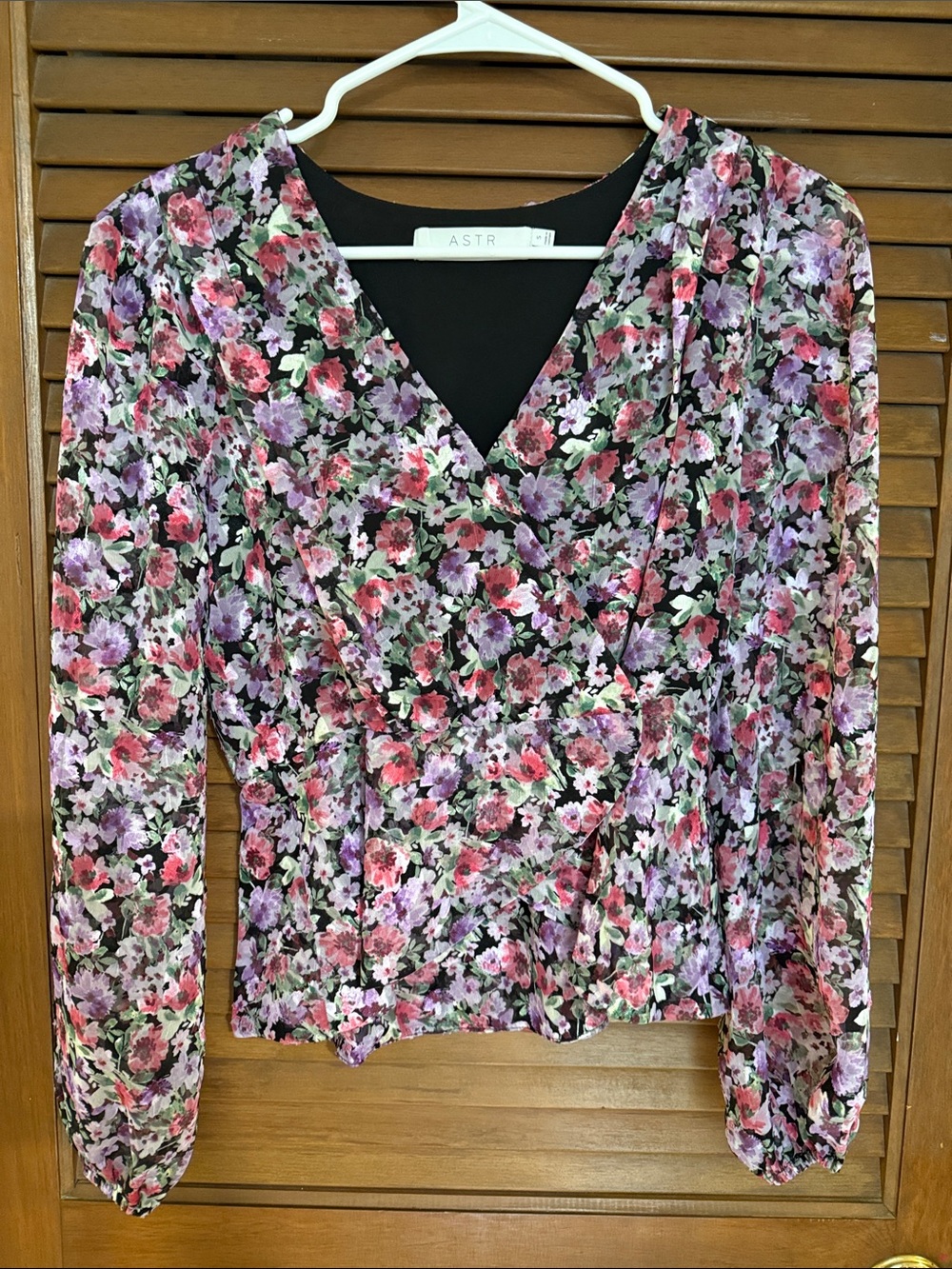 ASTR Floral Wrap V-Neck Blouse - Pink, Purple & Black